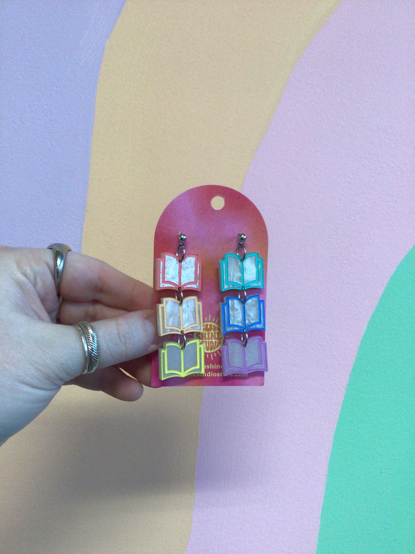 Rainbow Dangling Books Earrings