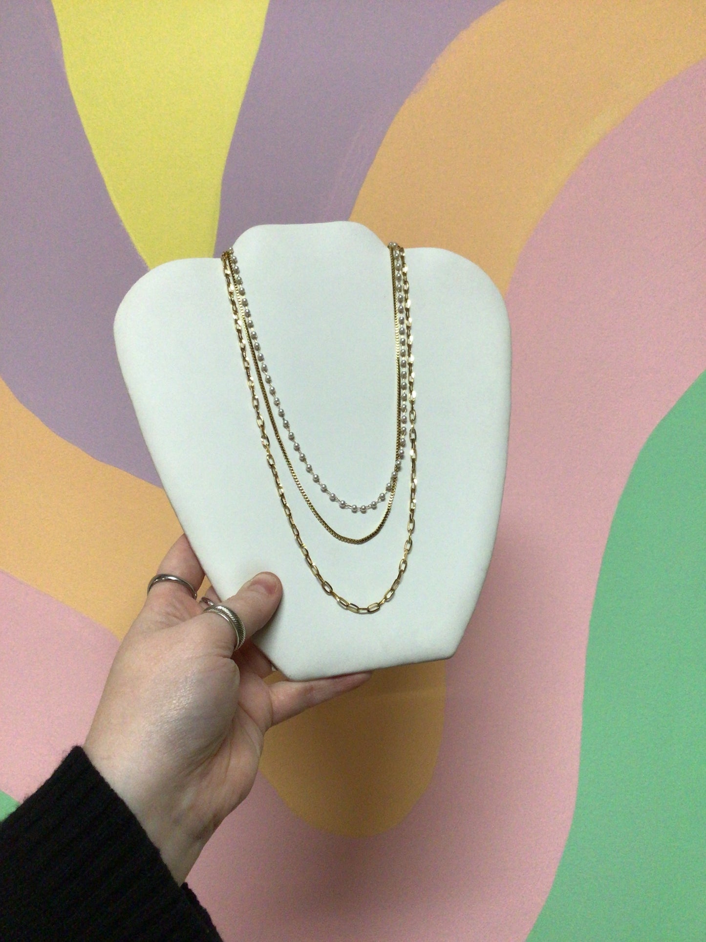 Pearl and Paperclip Triple Titanium Chain