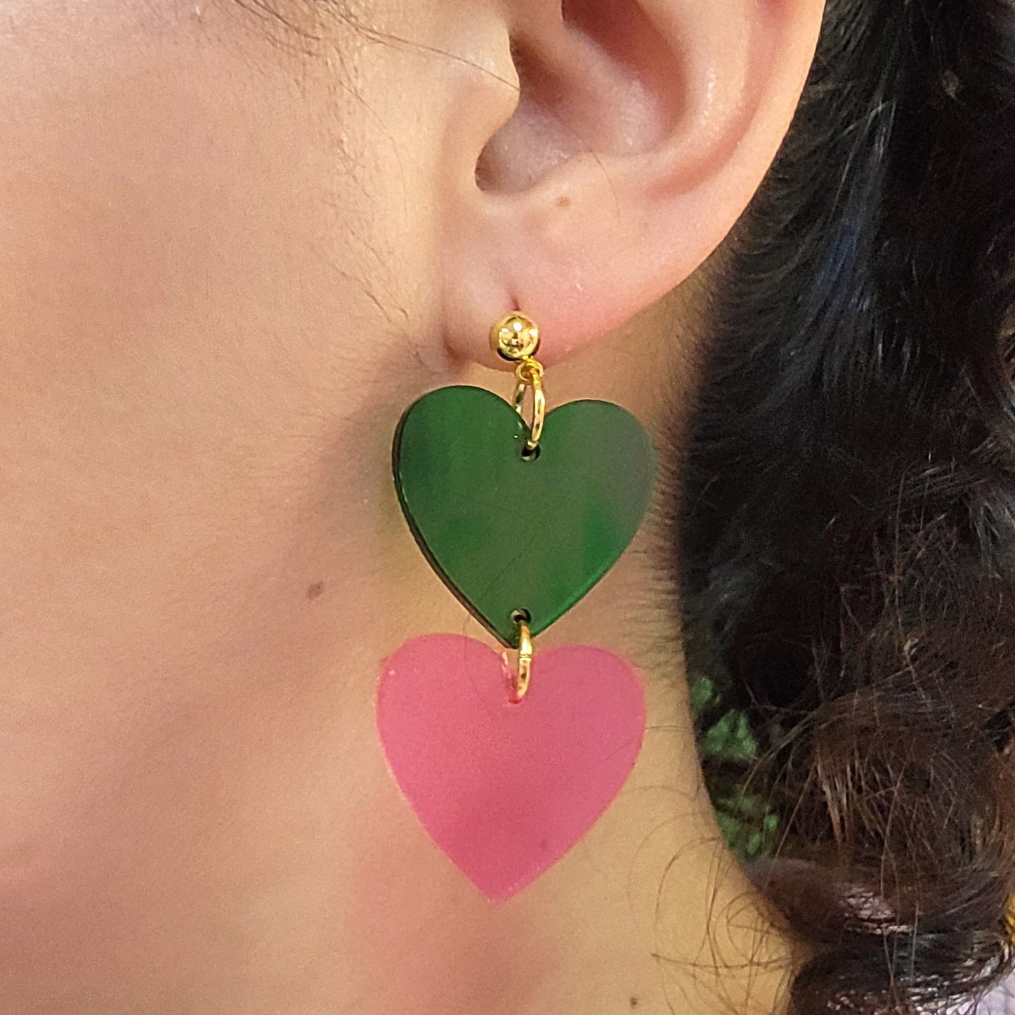 "Frenemies" Pink and Green Heart Dangle Earrings