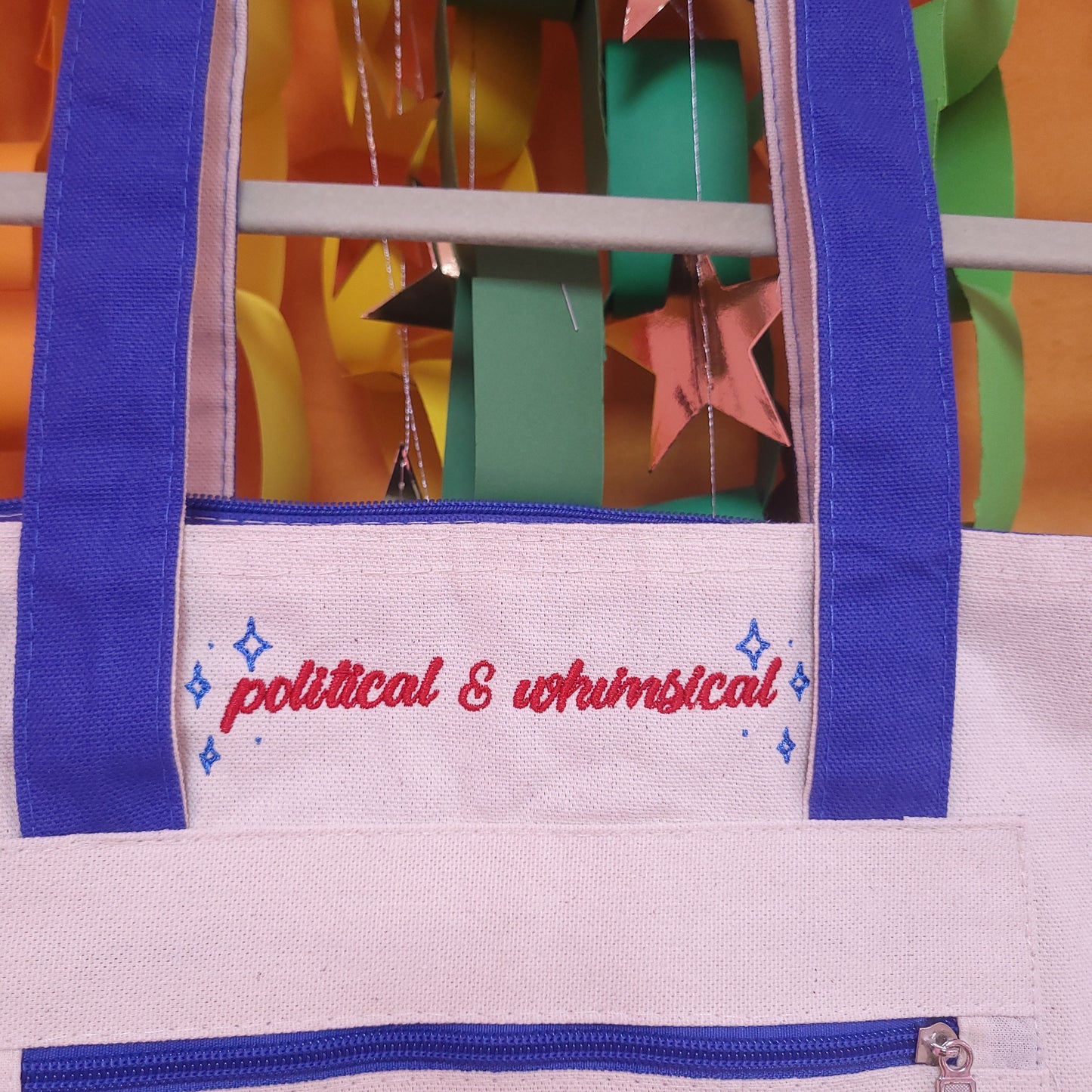 "Political & Whimsical" Embroidered Zipper Tote