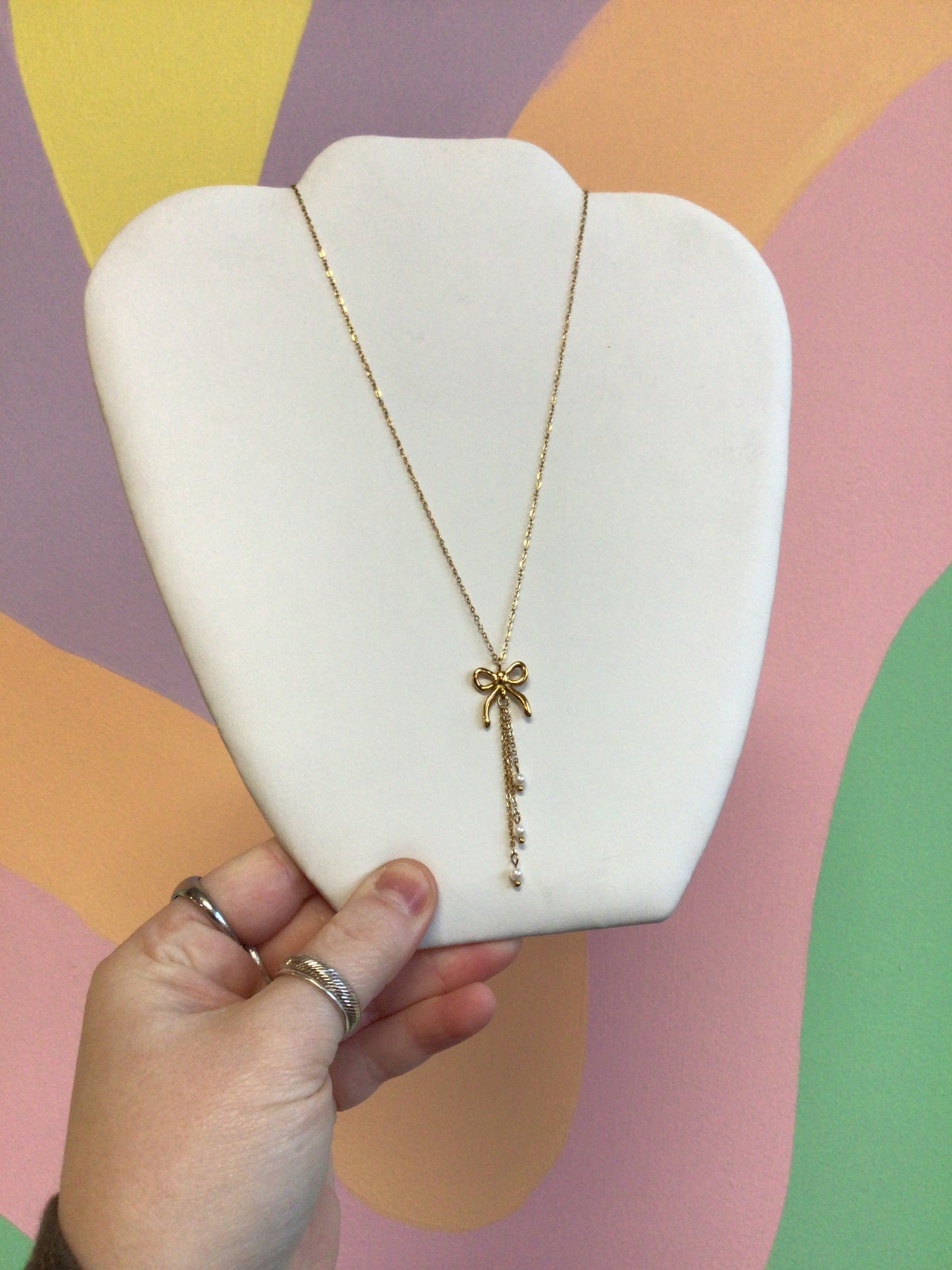 Darling Bow and Pearls Titanium Necklace