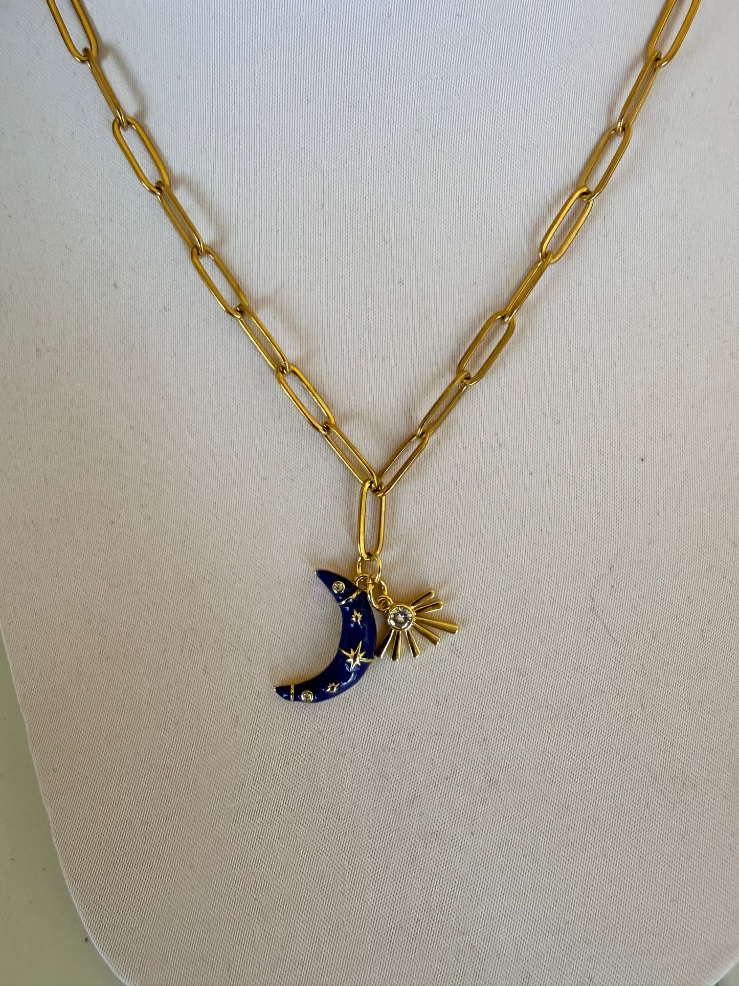 Moon and Gem Charm Necklace