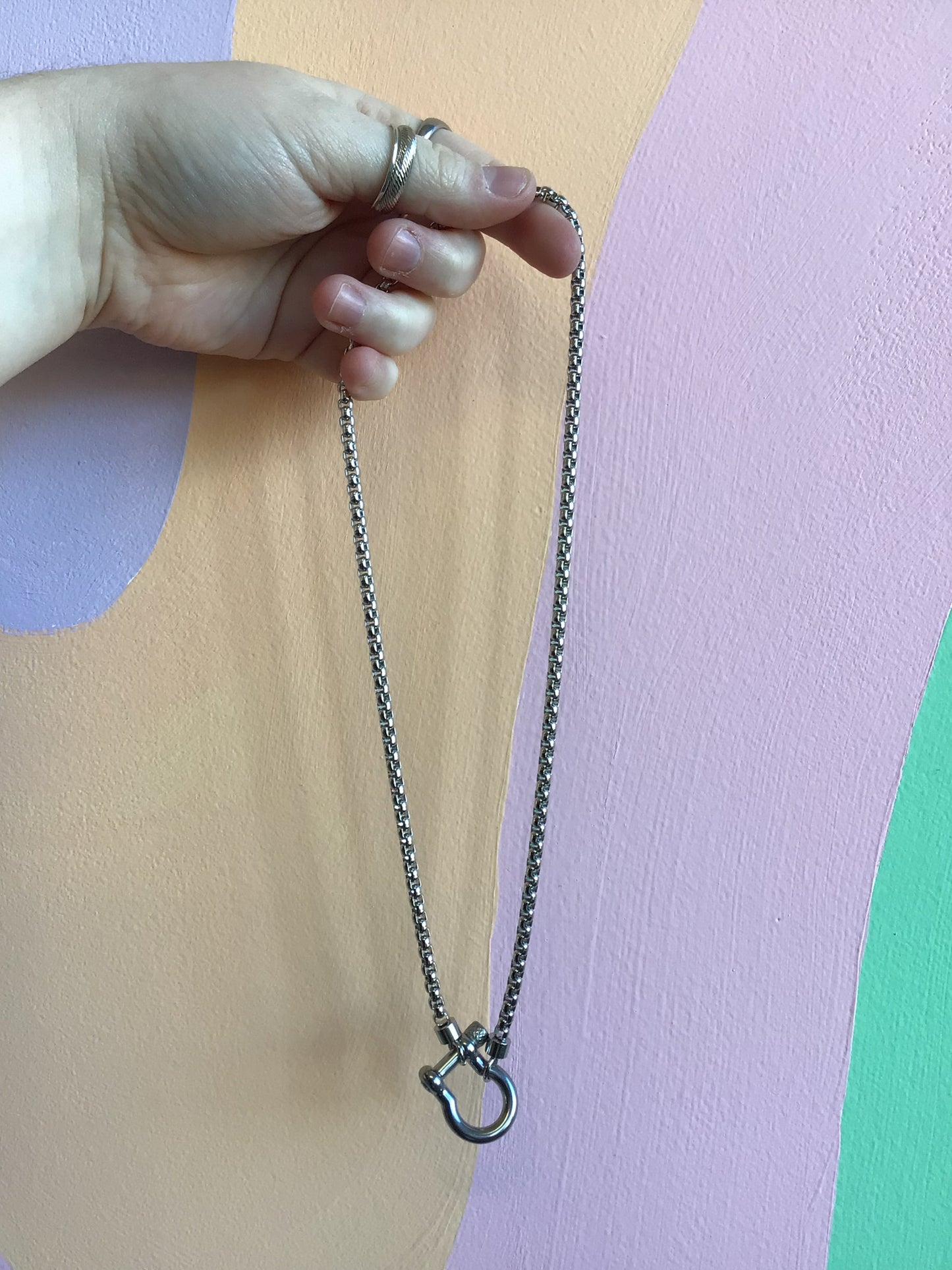 Horseshoe Lock Titanium Necklace in silver held in hand in front of wavy colorful background