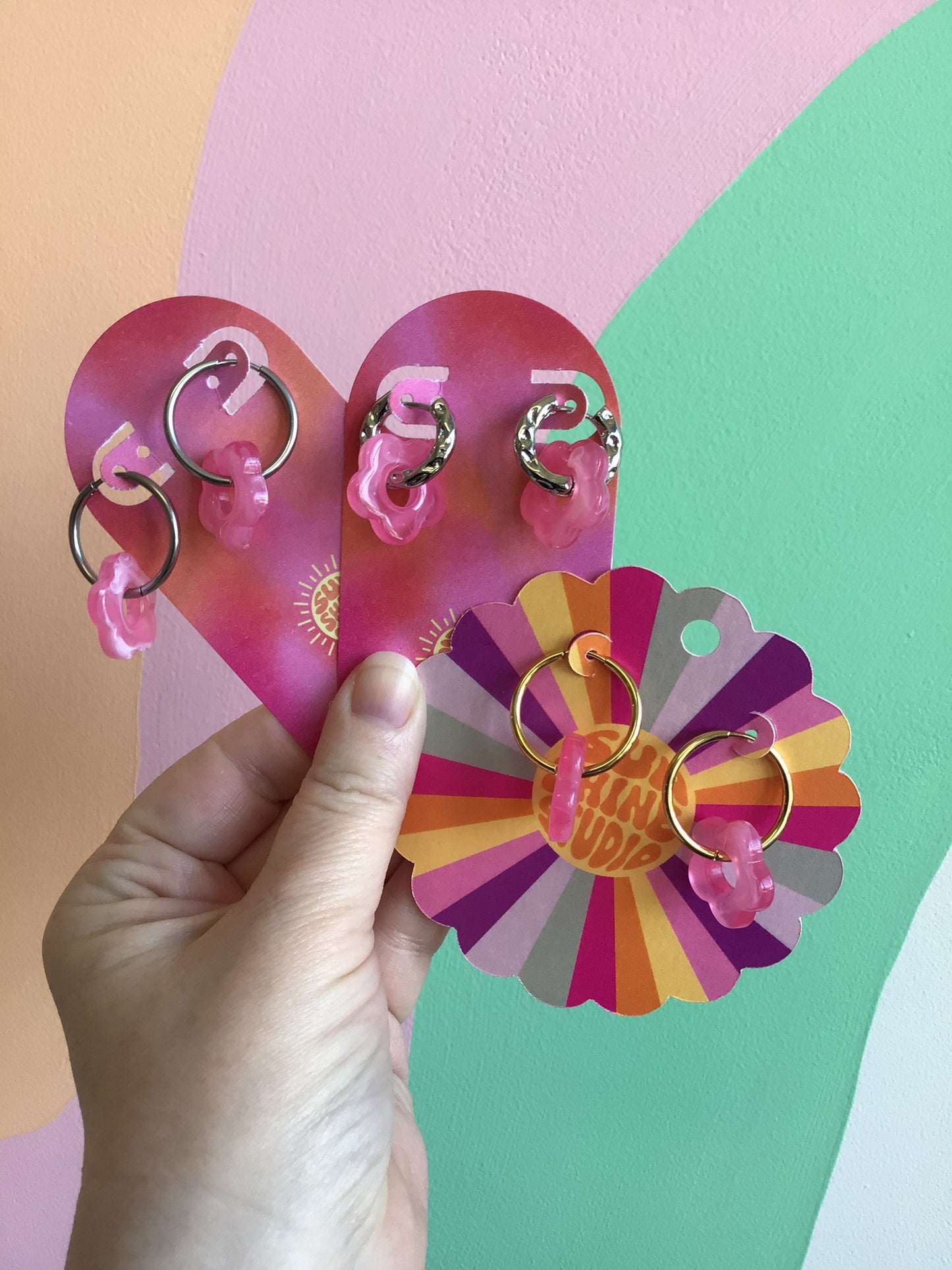Hot Pink Resin Daisy Charm Hoop Earrings