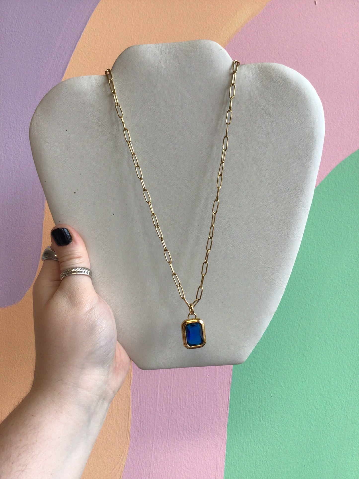 Emerald Cut Gem Charm Necklace