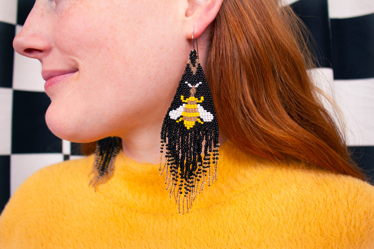Beaded Bee Fringe Statement Earrings