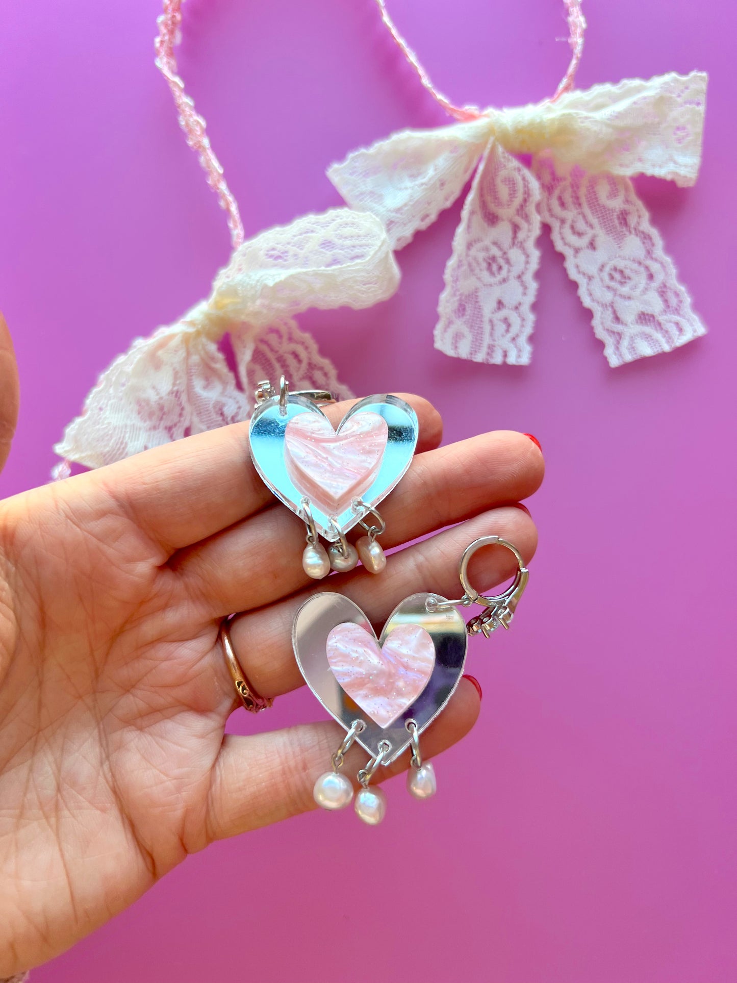 Yours Truly-Heart Pearl Dangle Earrings