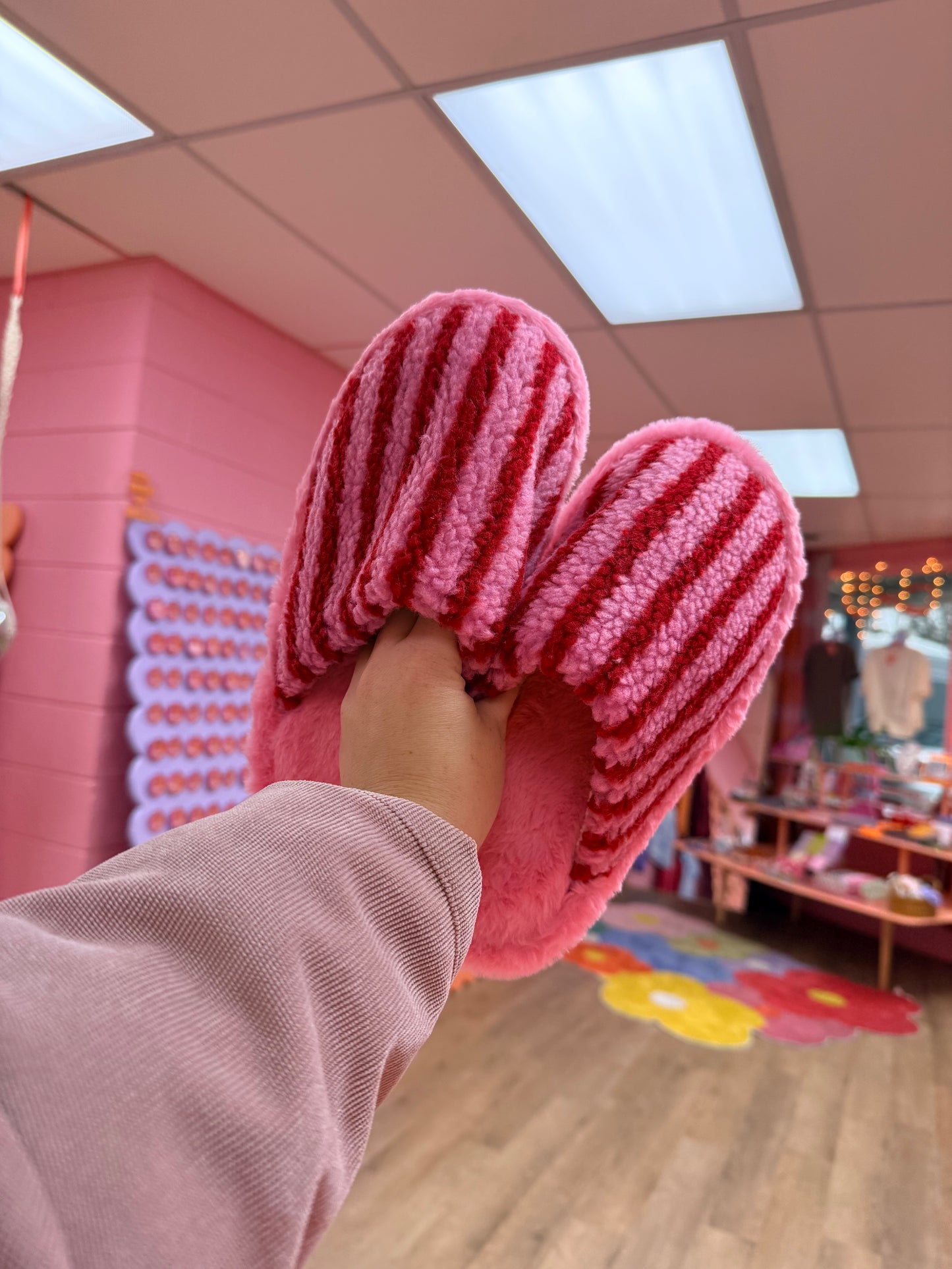 Fuzzy Striped Pink and Red Slippers