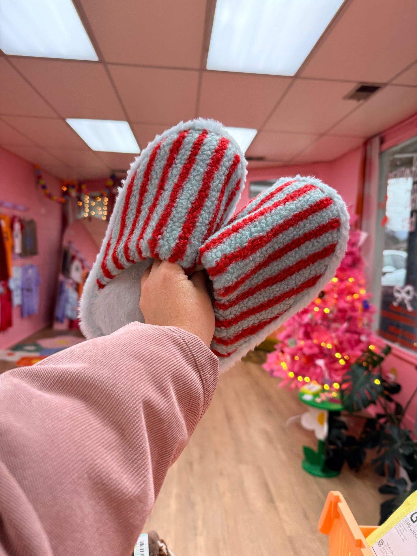 Fuzzy Striped Blue and Red Slippers