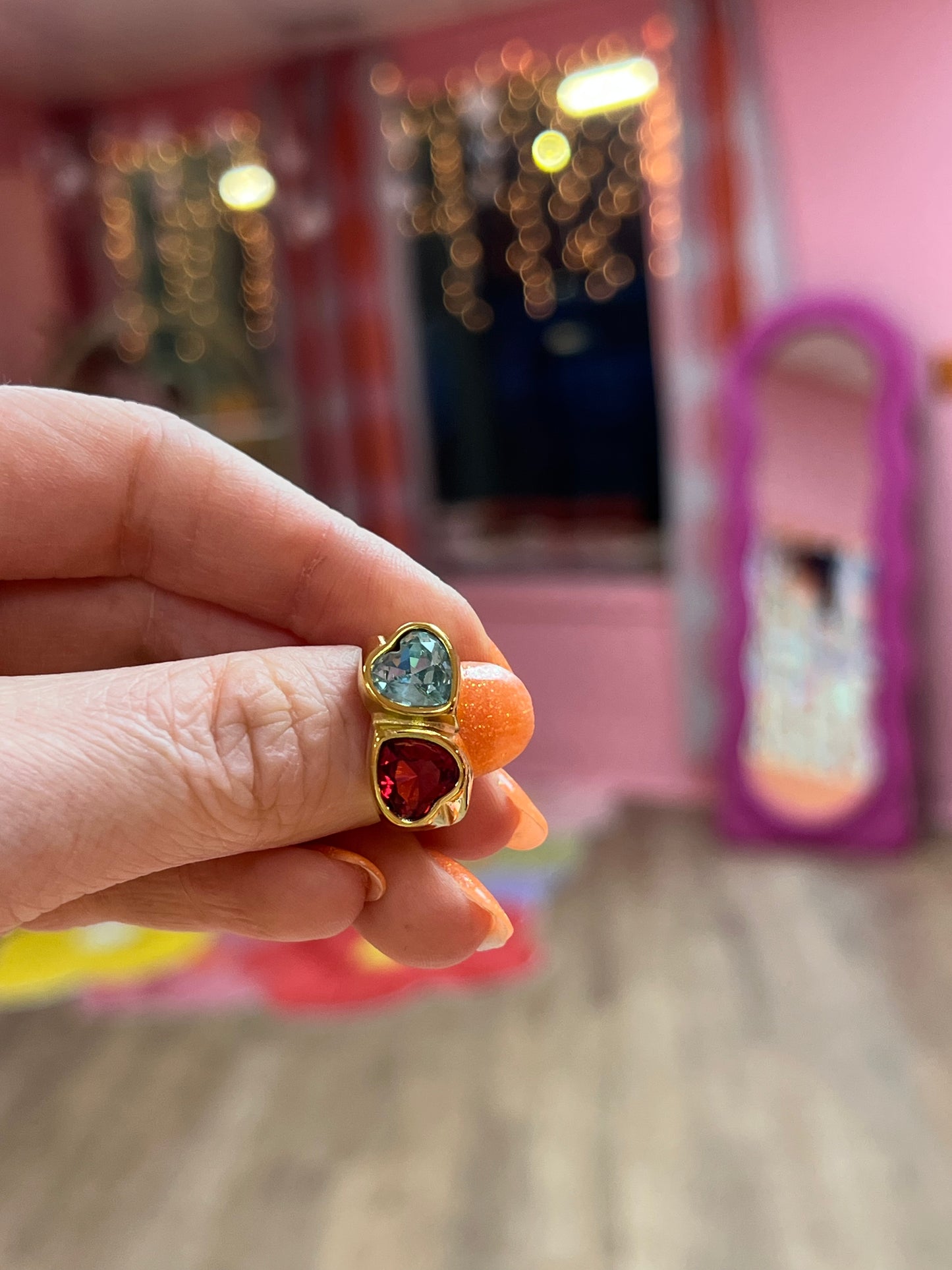 Double Heart Colorful Gem Titanium Ring