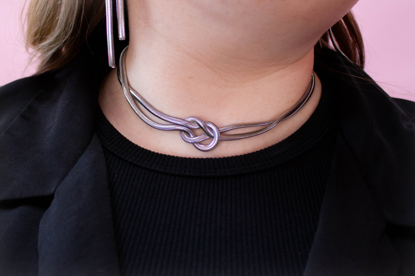 Titanium Knot-So-Basic Necklace in silver zoom in on model's neck