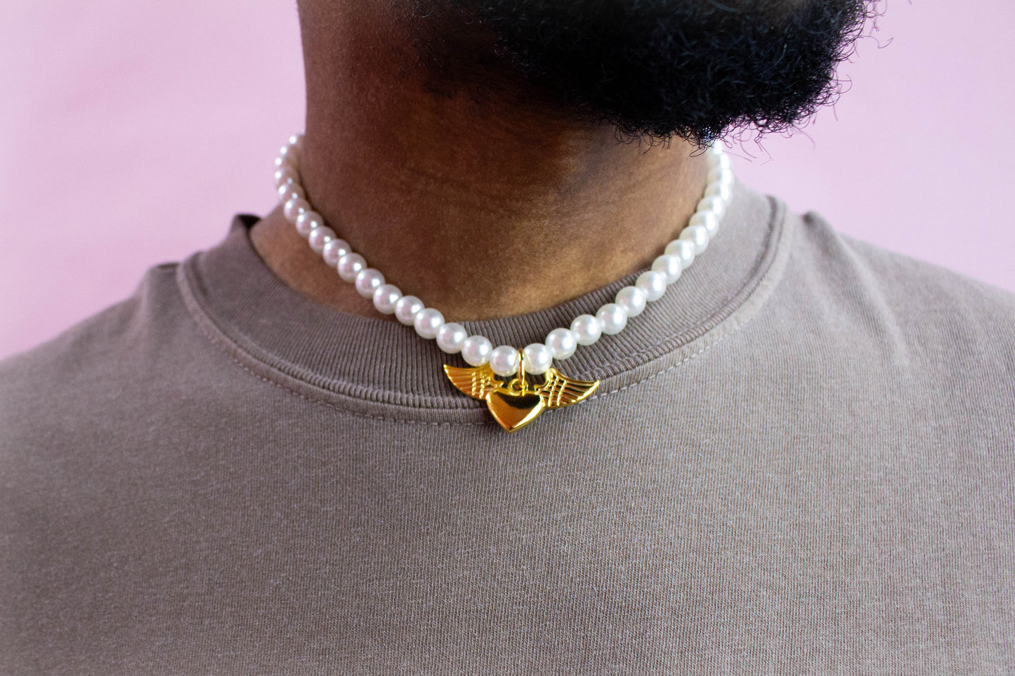 Pearly Winged Heart Charm Choker Necklace