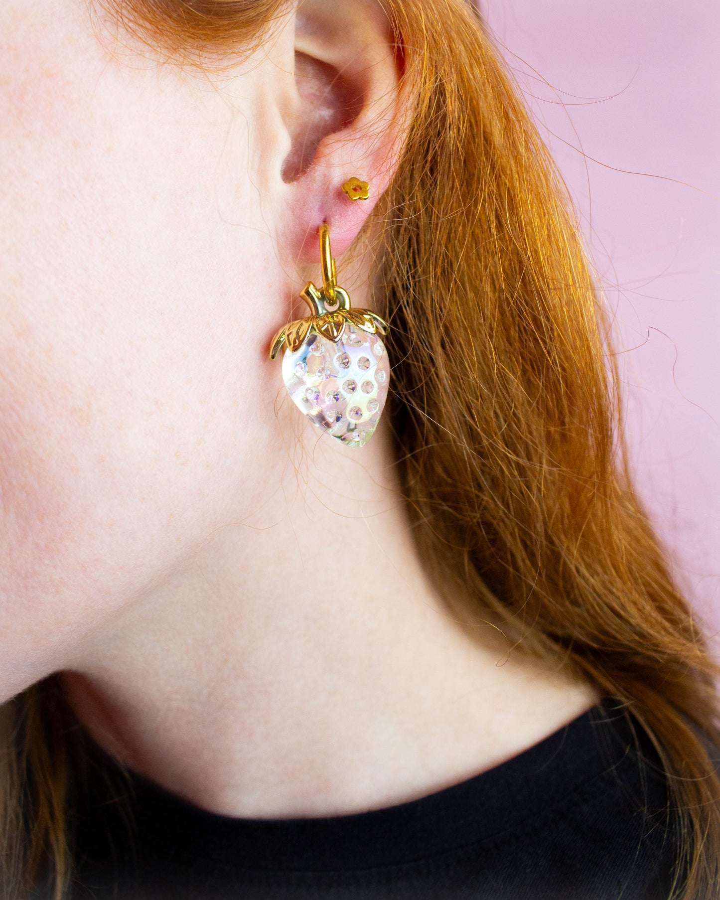 Iridescent Strawberry Charm Hoops