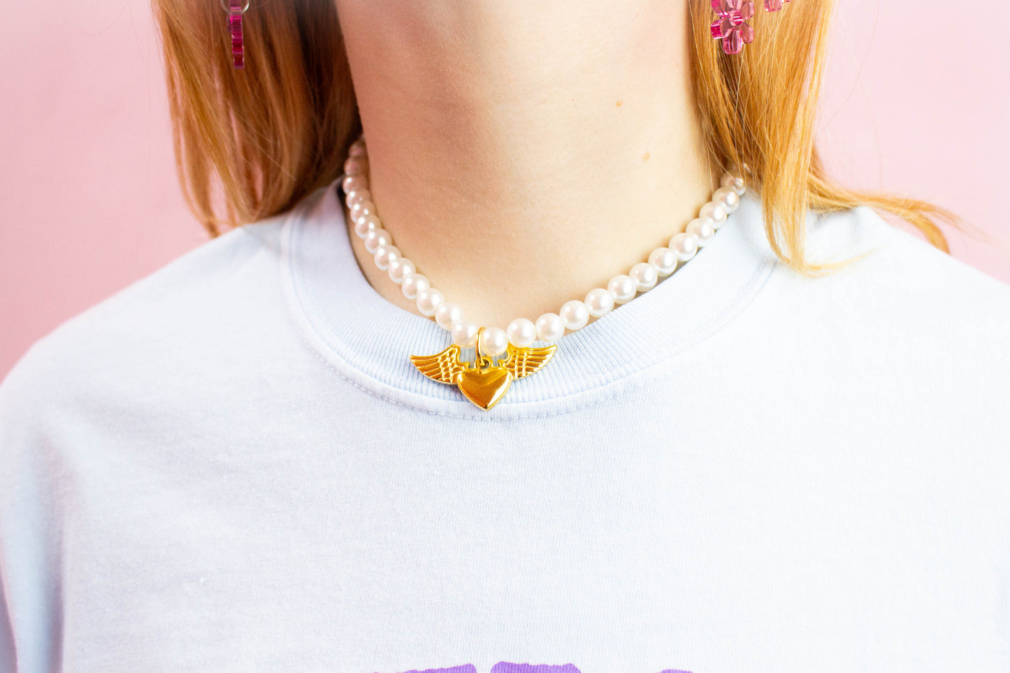 Pearly Winged Heart Charm Choker Necklace