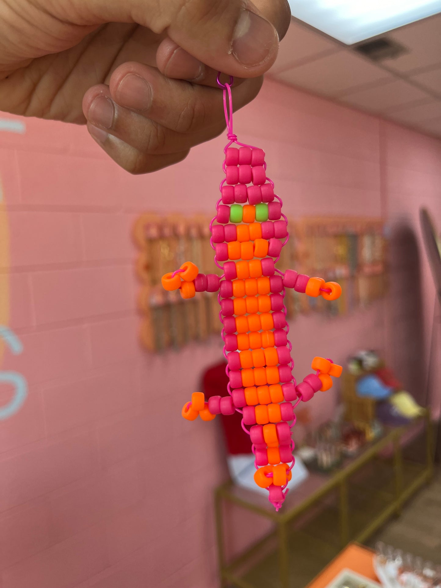 Neon Gecko Beaded Keychain