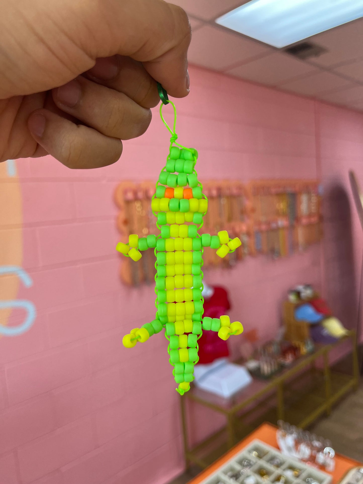 Neon Gecko Beaded Keychain