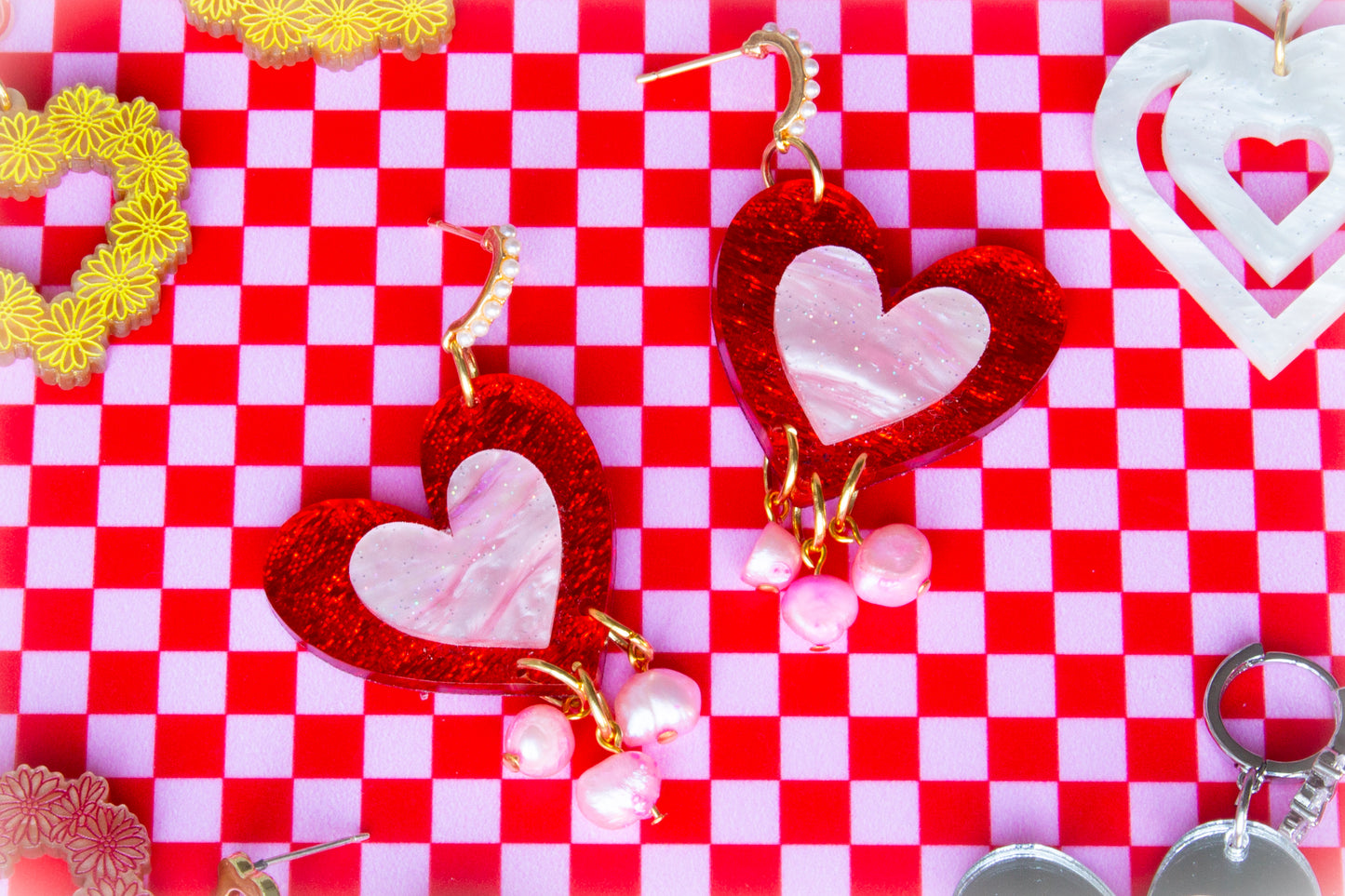 Yours Truly-Heart Pearl Dangle Earrings