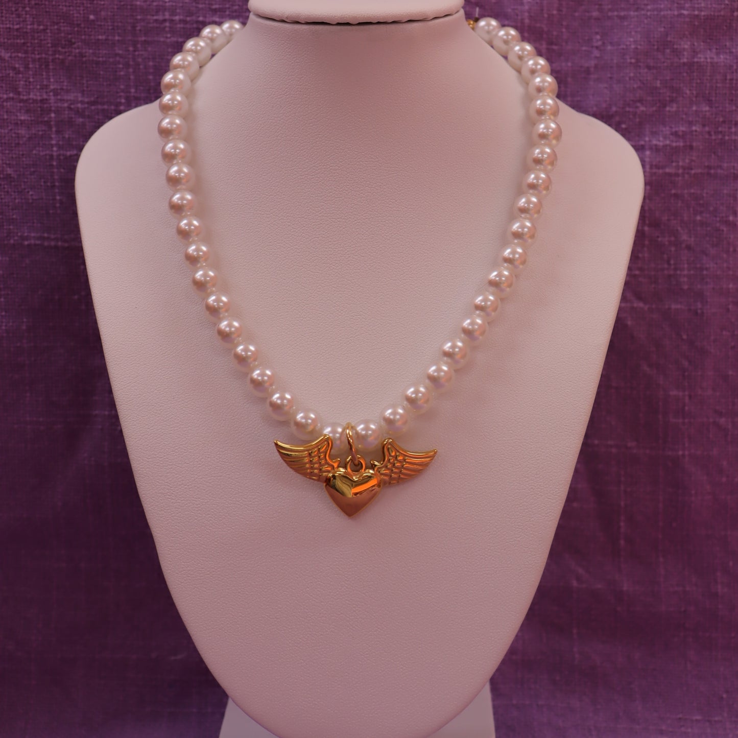 Pearly Winged Heart Charm Choker Necklace