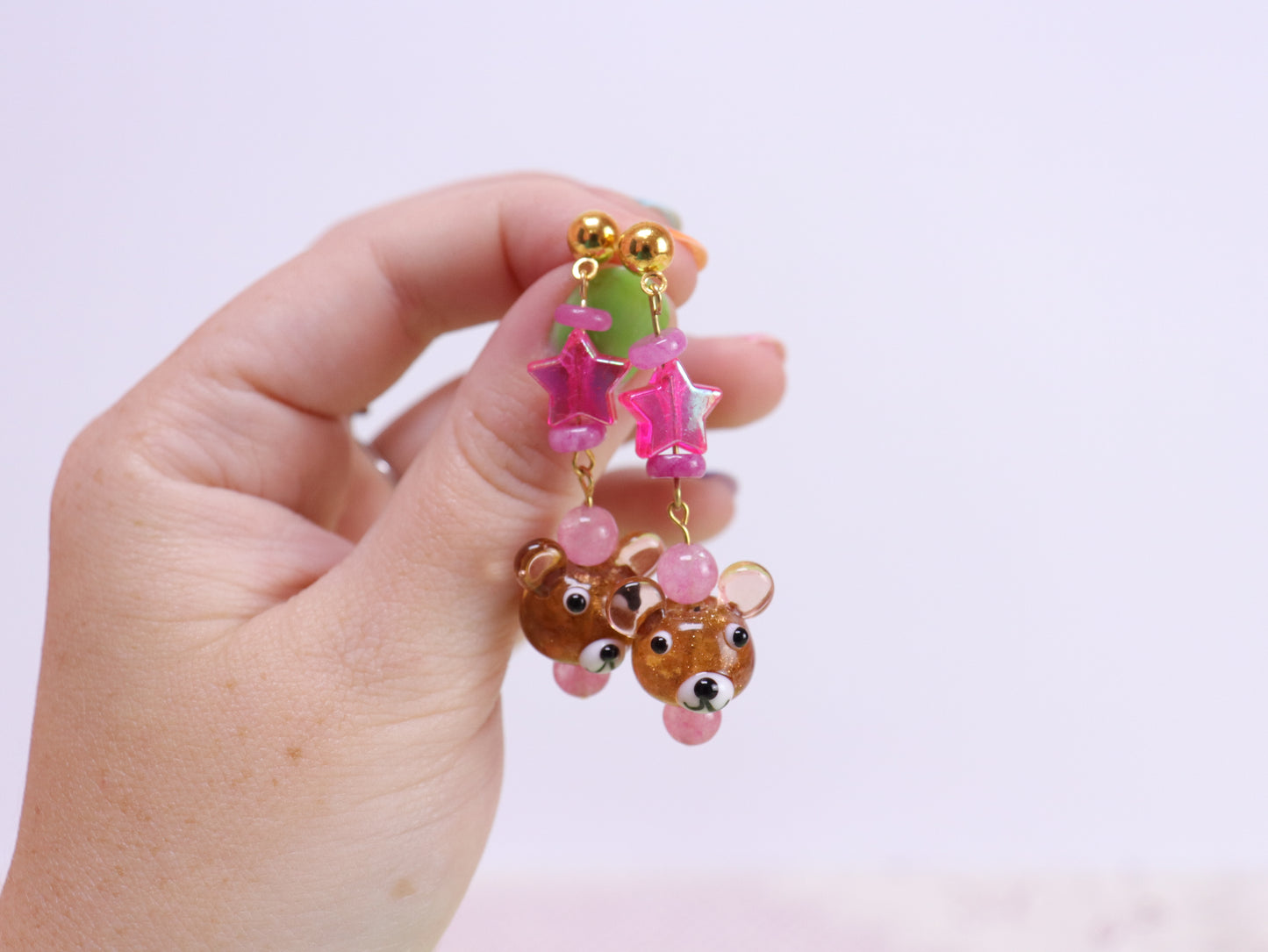 Pink Star-Studded Bear Earrings