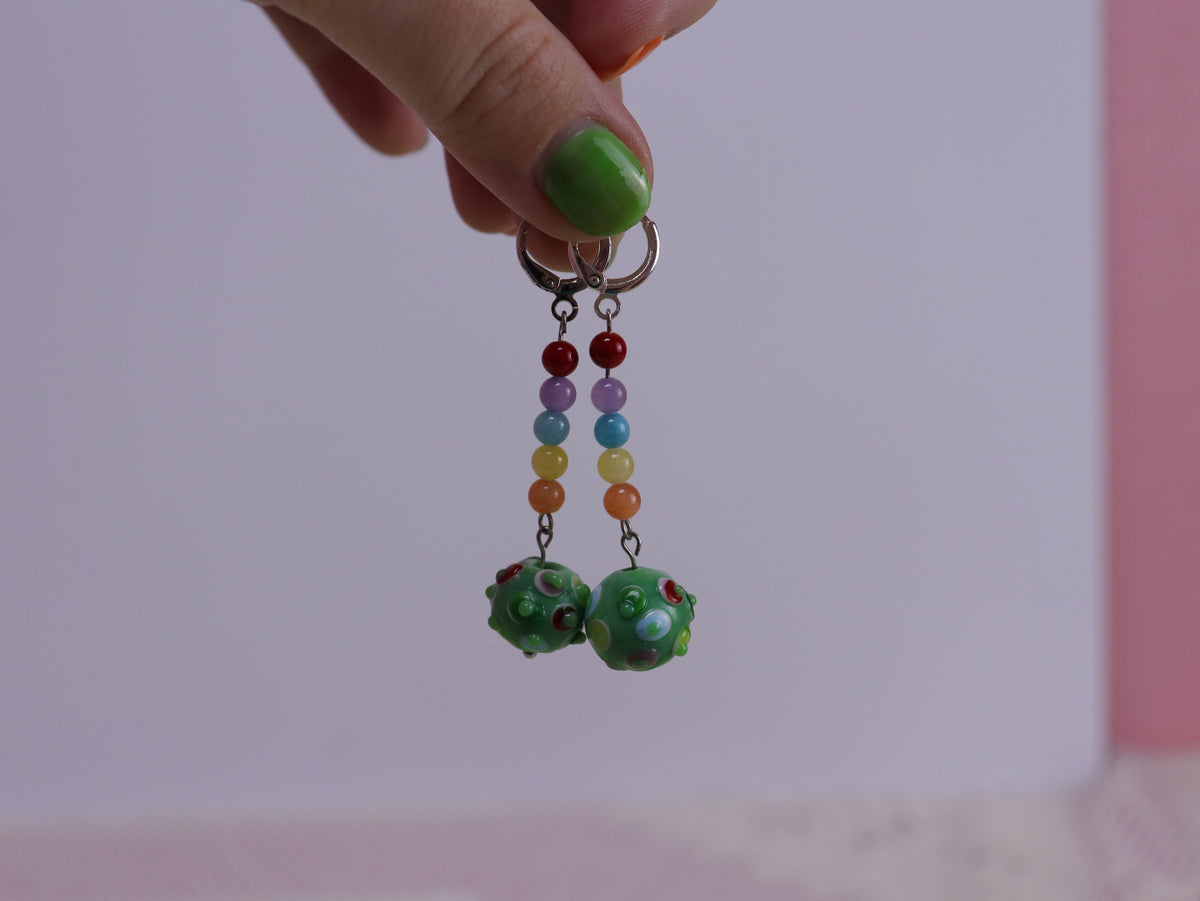 Green and Rainbow Spiky Ball Earrings