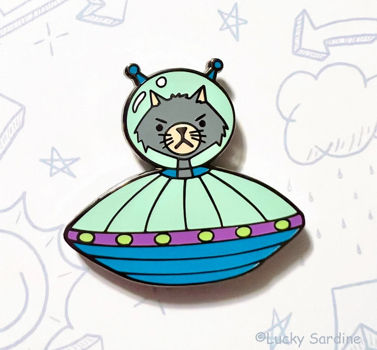Cat Alien UFO Enamel Pin