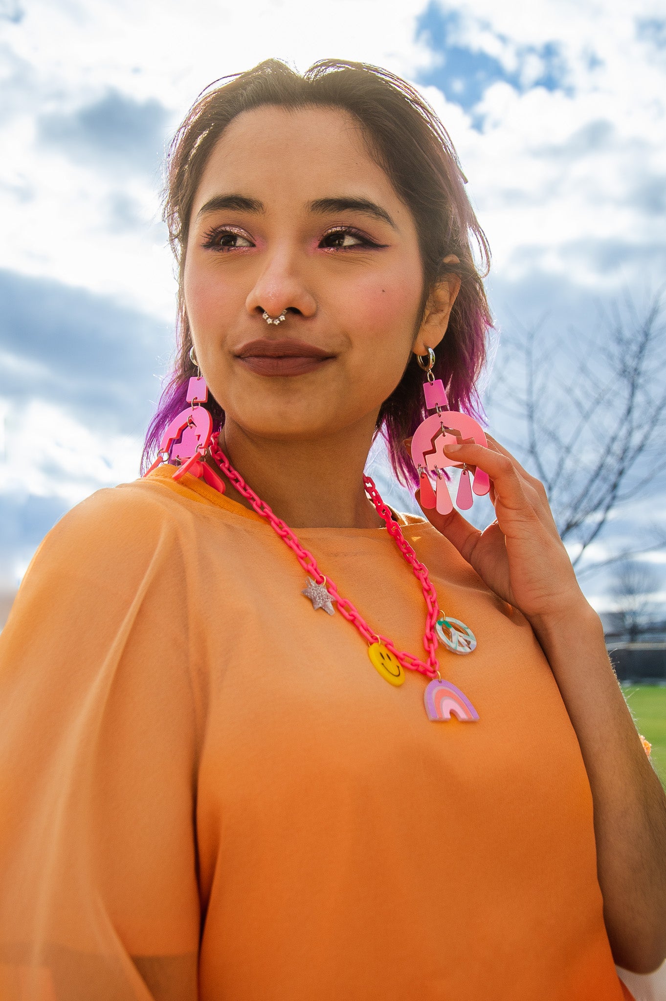 Colorful Statement Necklaces with Charms (Pink or Orange)