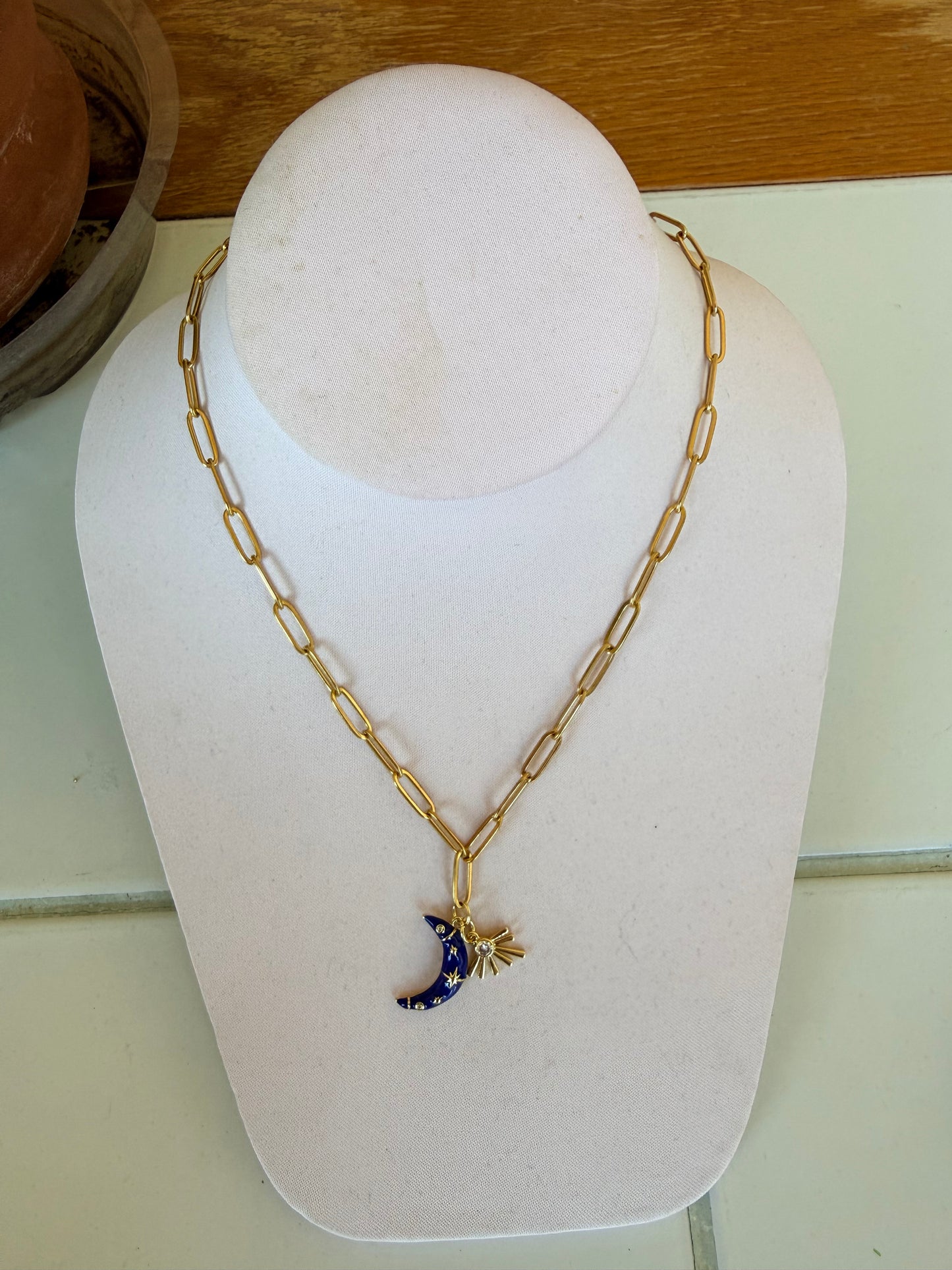 Moon and Gem Charm Necklace