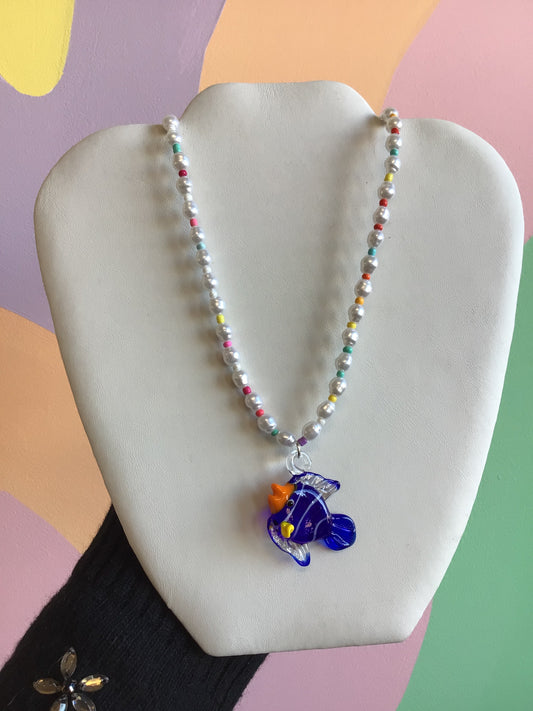 Beaded Necklace with Glass Fish Pendant