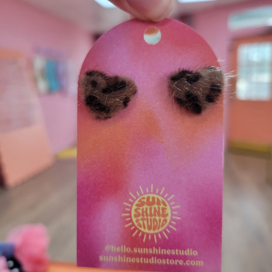 Fuzzy Cheetah Heart Stud Earrings
