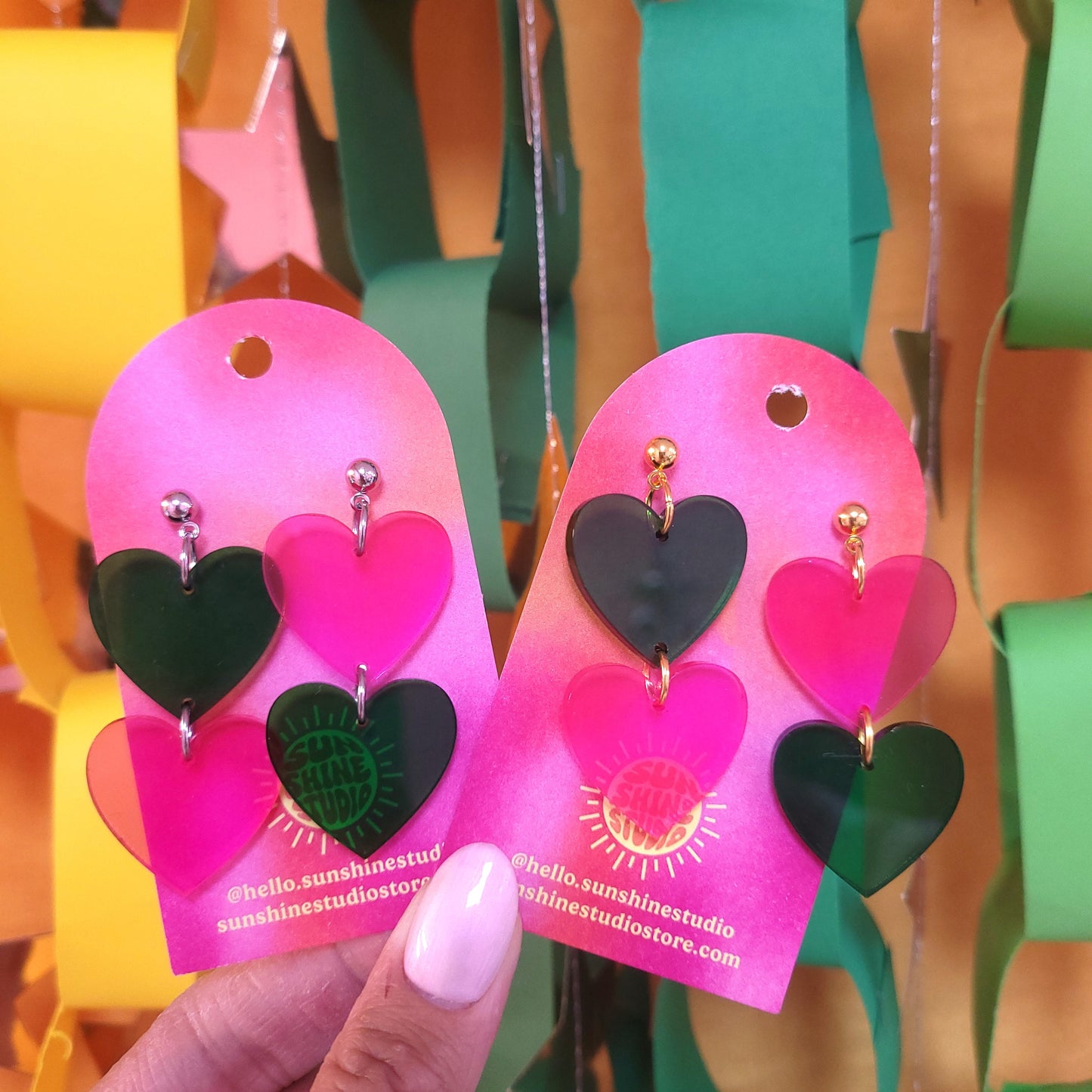 "Frenemies" Pink and Green Heart Dangle Earrings