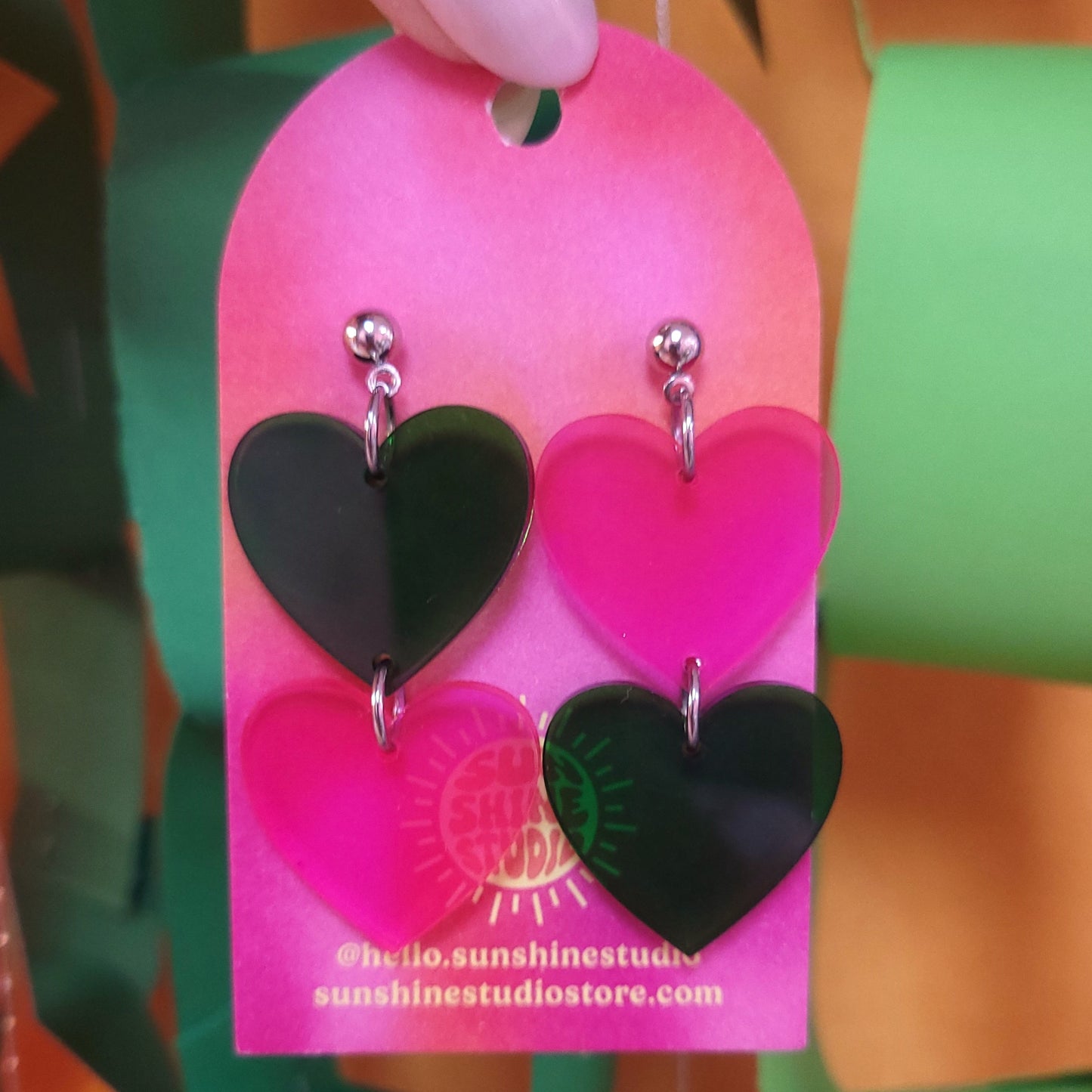 "Frenemies" Pink and Green Heart Dangle Earrings