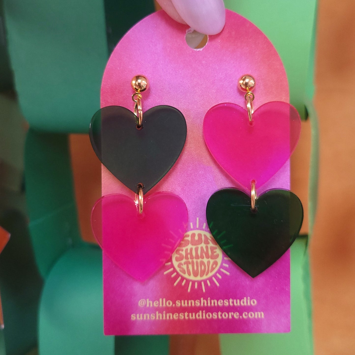 "Frenemies" Pink and Green Heart Dangle Earrings