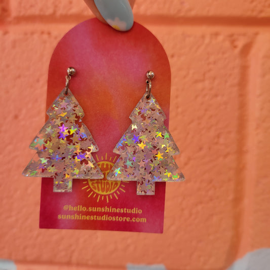 Silver Star Confetti Christmas Tree Earrings