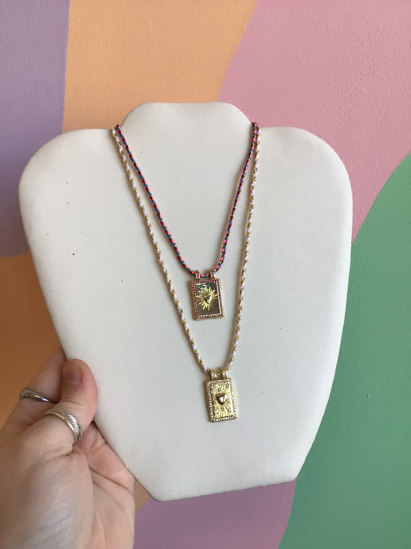 Colorful Woven Necklace With Titanium Pendant