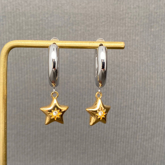 CZ Inlaid Star Two Tone 18K Golden SS Huggie Earrings-FGS/MS