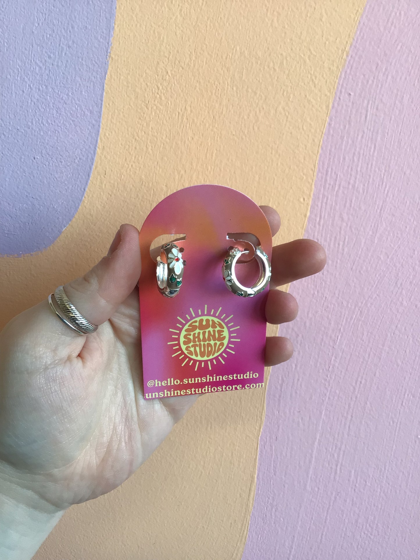 Taupe Enameled Flower Hoops