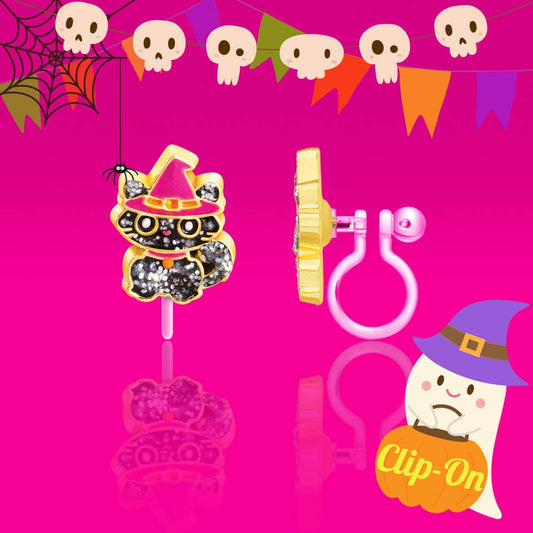 Glitter Black Cat | Halloween | Clip On Earrings for Girls
