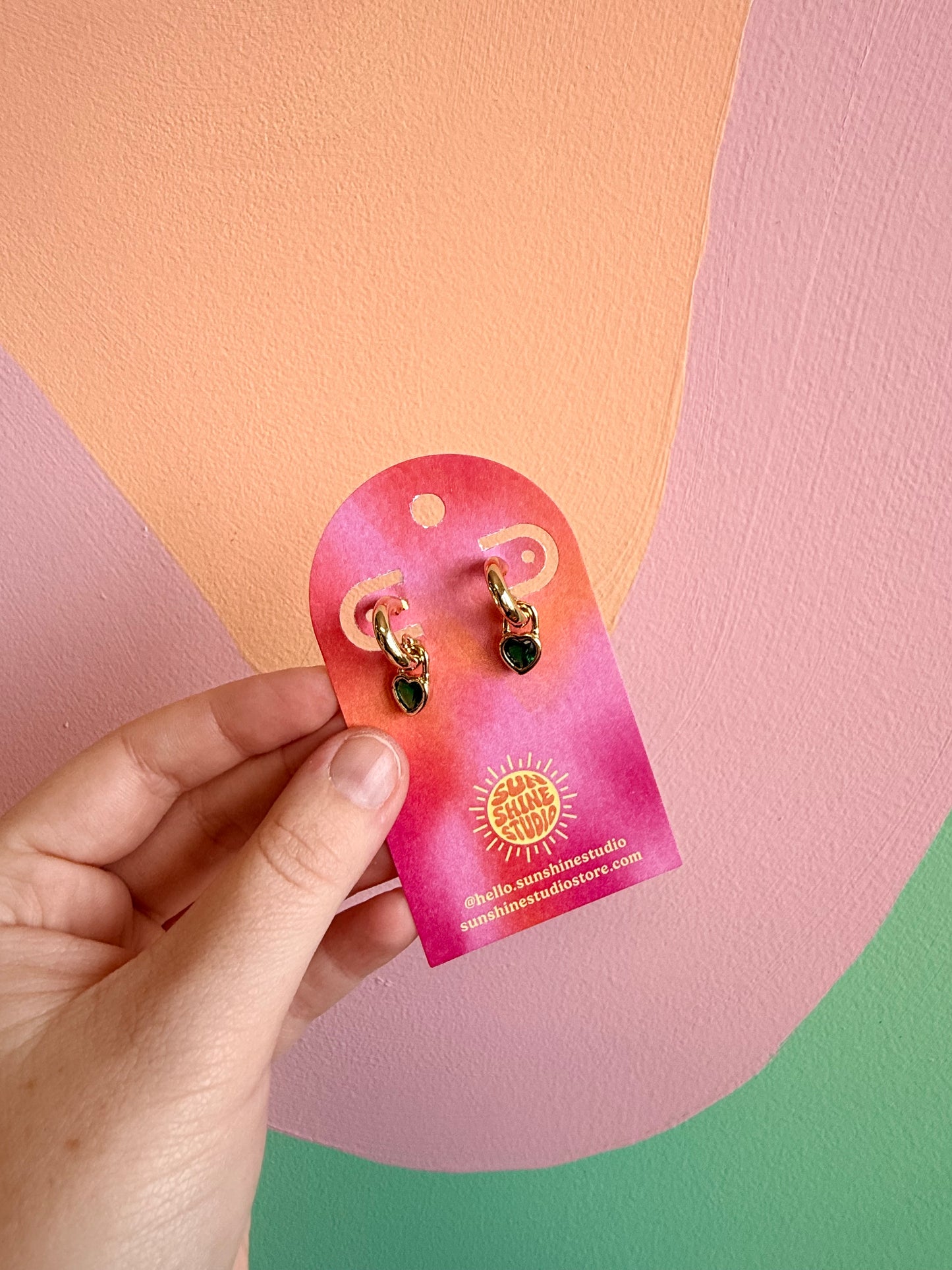 Dangle Colored Gem Heart Hoops