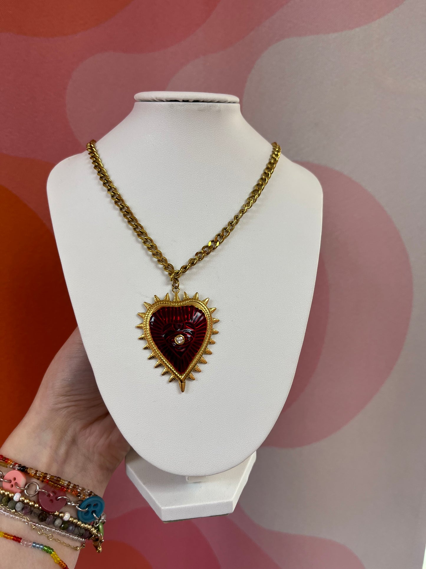 Red Eye Heart Titanium Necklace