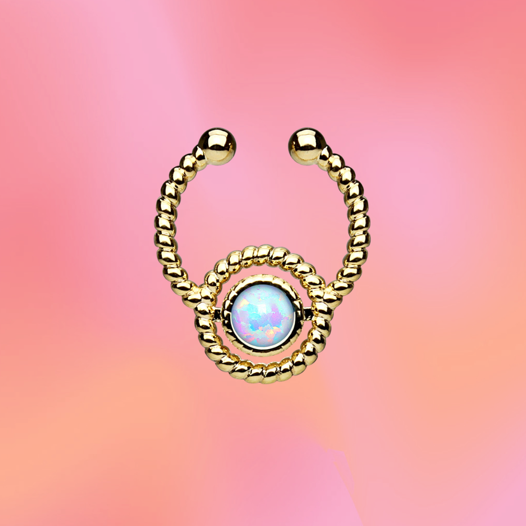 Roped Circle with Single Opal Non-Piercing Gold IP Septum Hanger