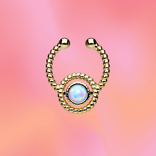 Roped Circle with Single Opal Non-Piercing Gold IP Septum Hanger