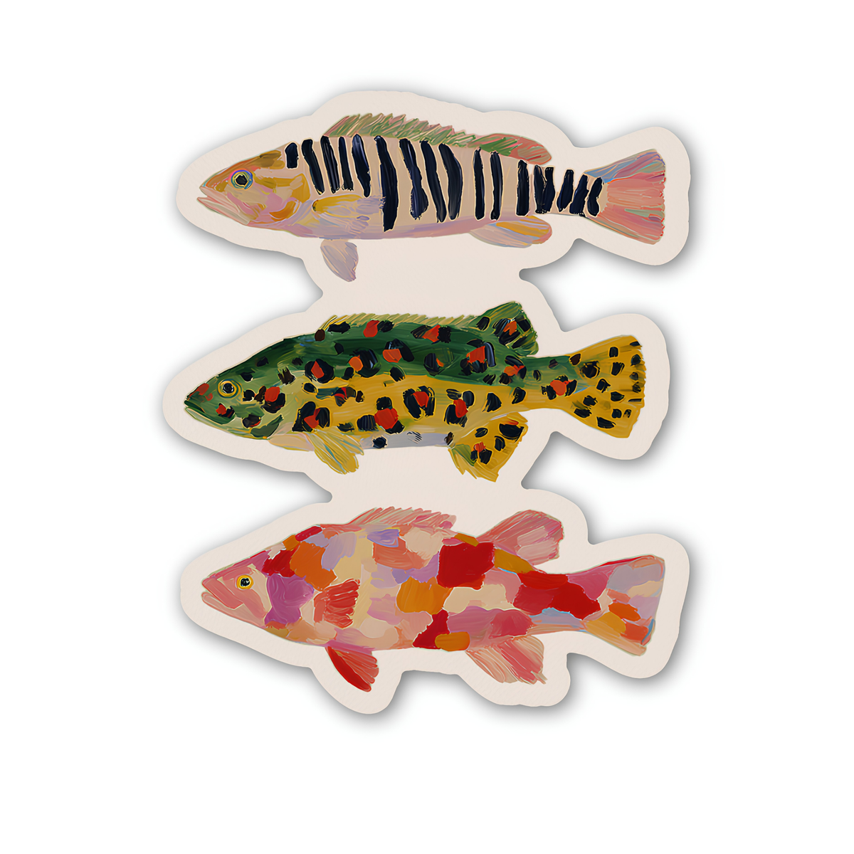 Painted Fish Trio Sticker, Colorful Folk Art Trout Decal
