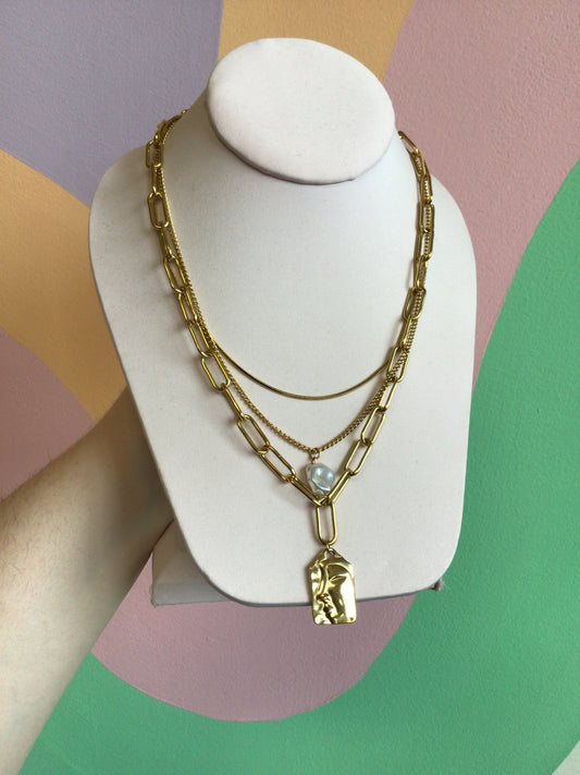 Pearl Portrait Layered Titanium Necklace