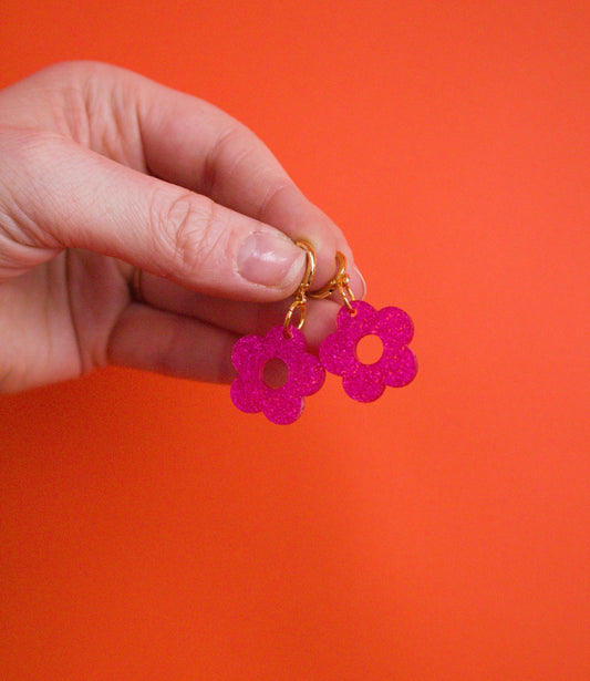 Pink Diva Sparkle Flower Charm Earrings