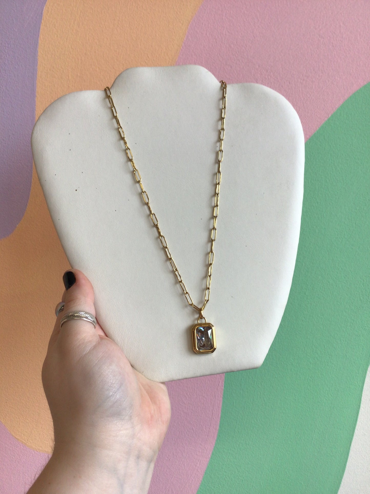 Emerald Cut Gem Charm Necklace