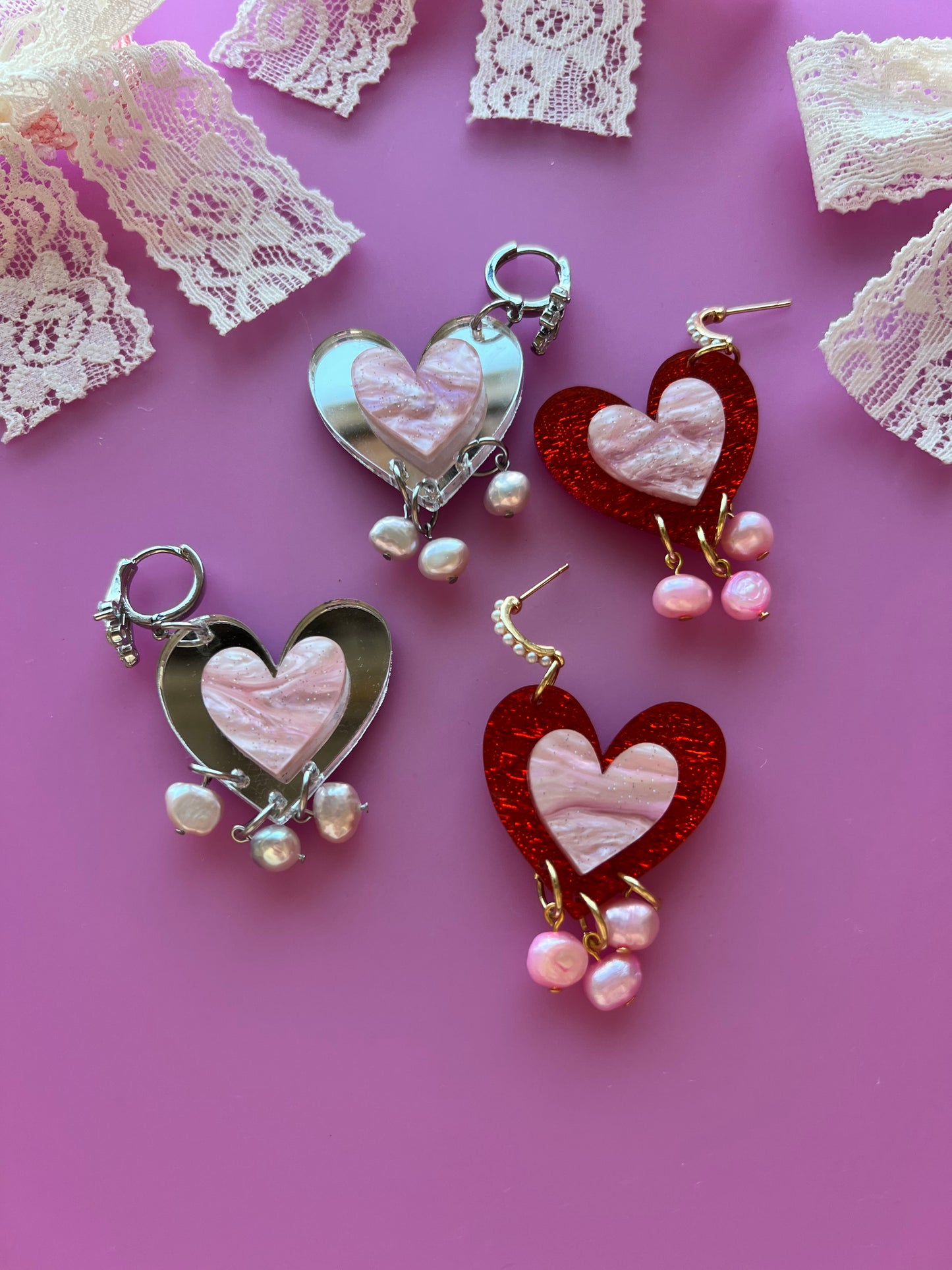 Yours Truly-Heart Pearl Dangle Earrings