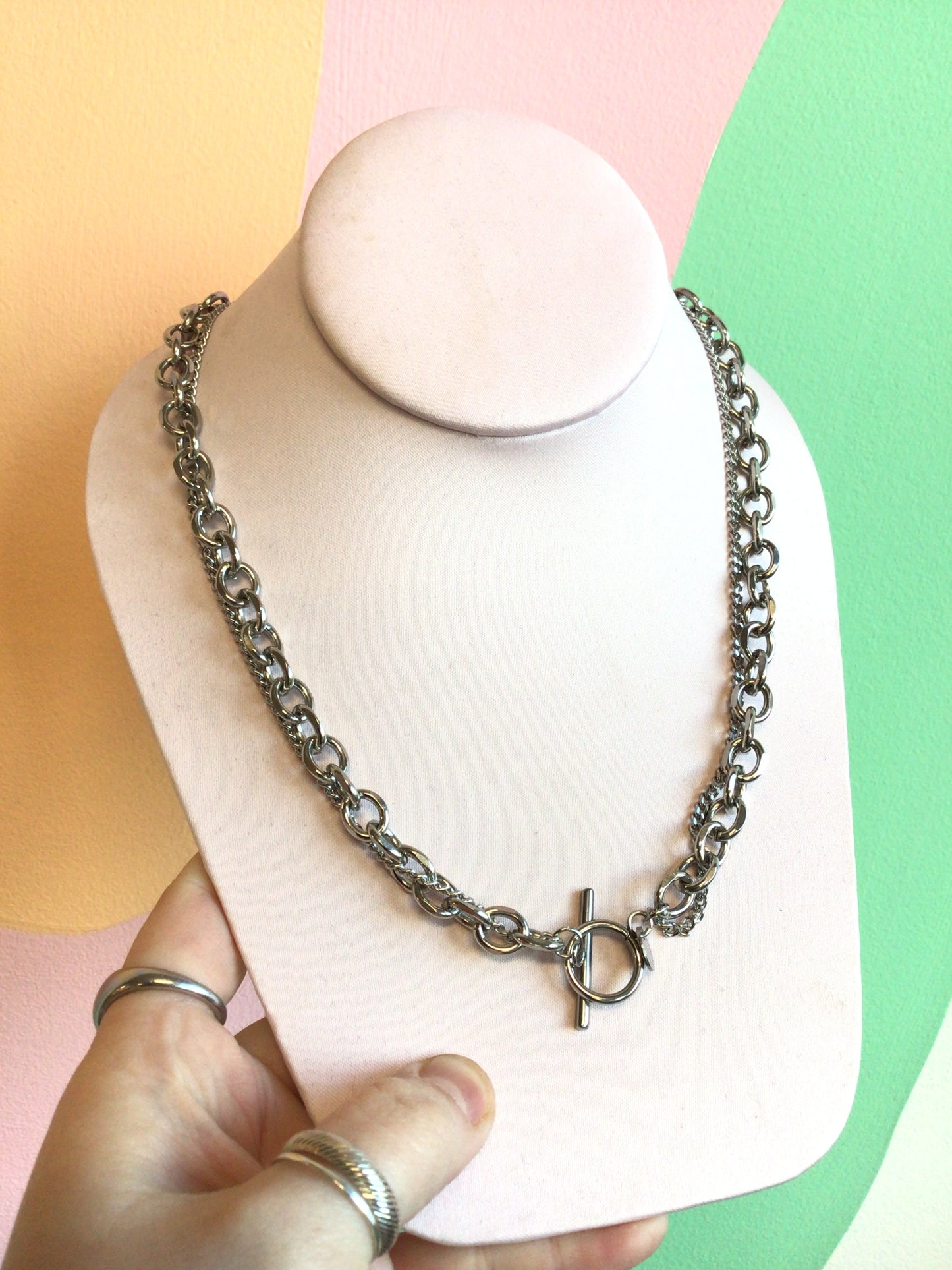 Titanium Double Chain Toggle Clasp Necklace