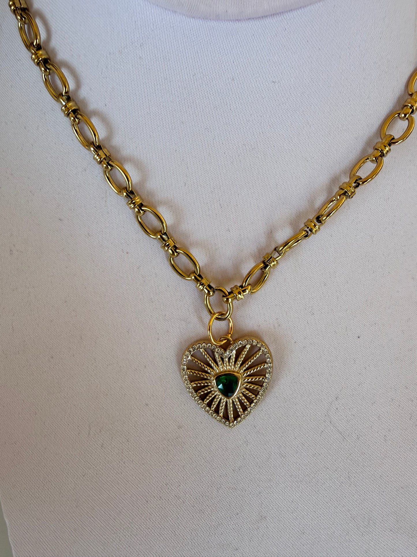 Emerald Centered Heart Charm Necklace