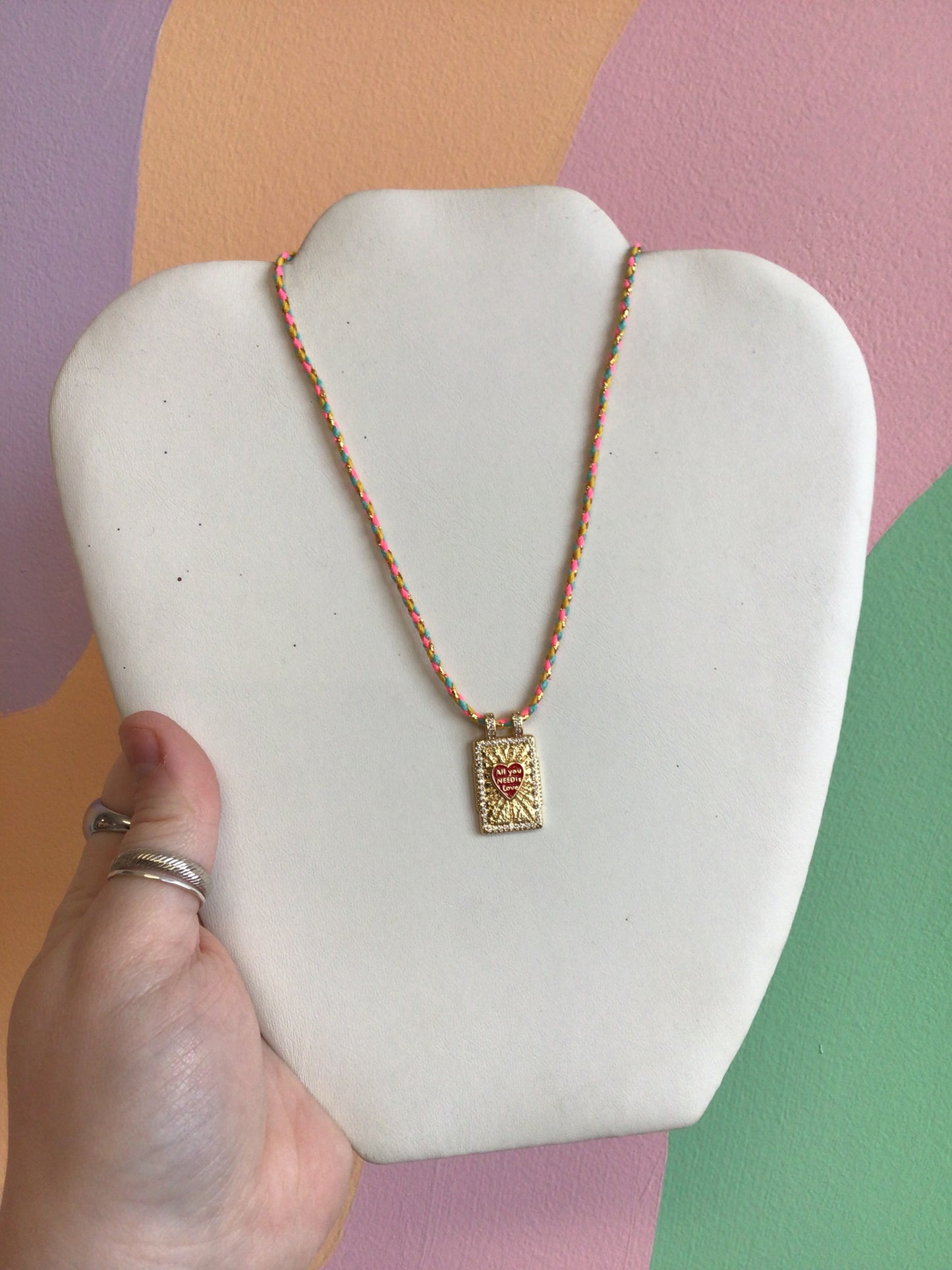 Colorful Woven Necklace With Titanium Pendant