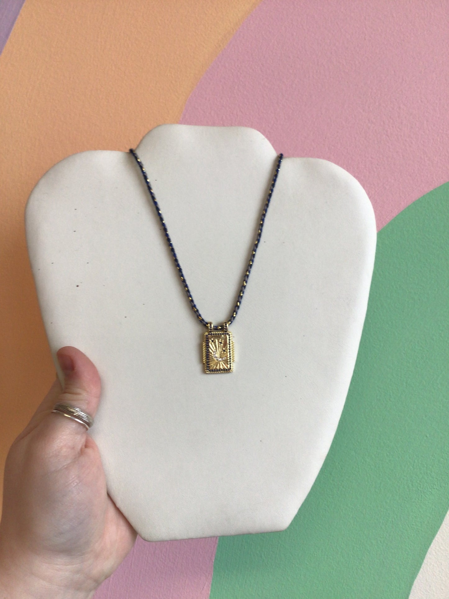 Colorful Woven Necklace With Titanium Pendant